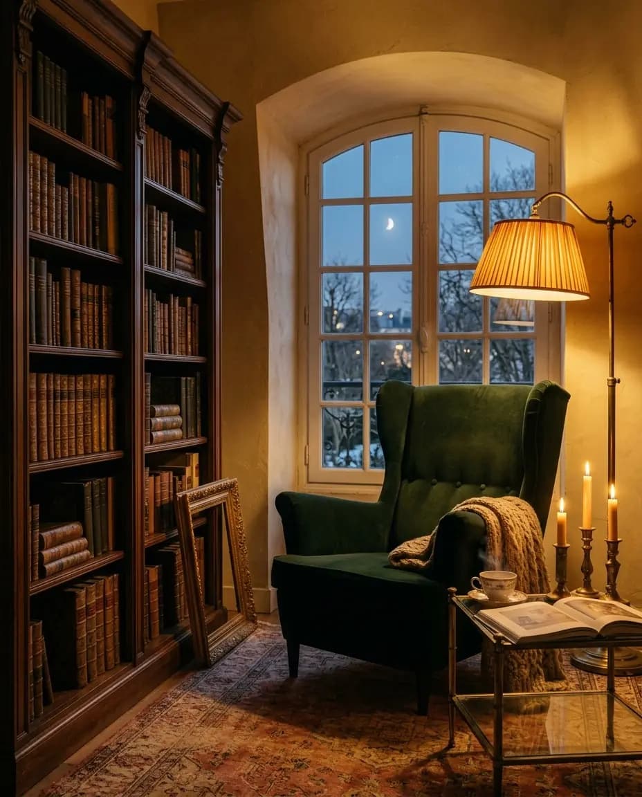 Cabinet de lecture de l'atelier — fauteuil émeraude, bougies allumées, fenêtre arquée sur jardin d'hiver